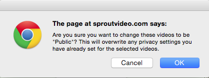 Pop-up explaining you are changing your video privacy settings