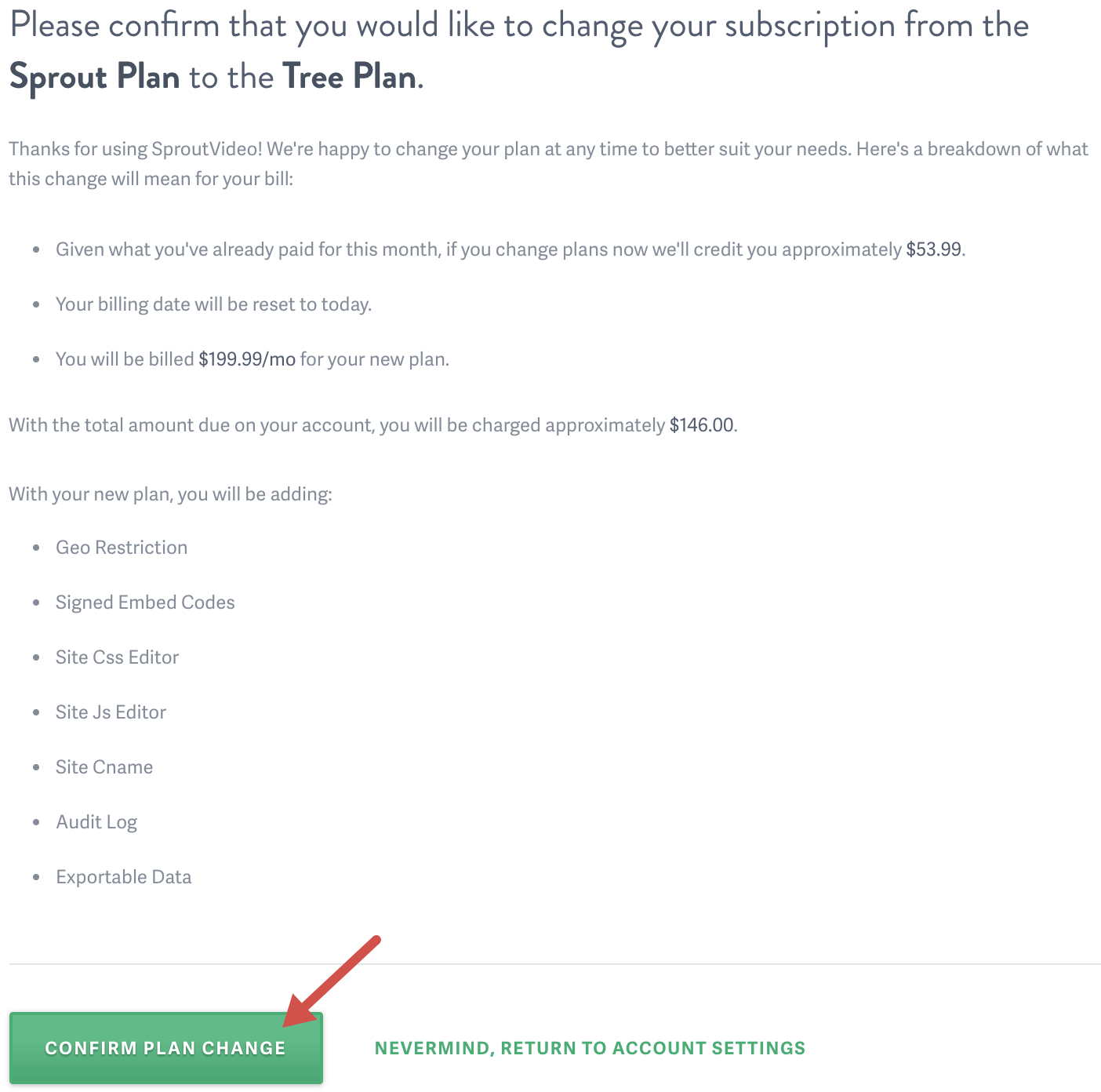 Confirm SproutVideo plan change