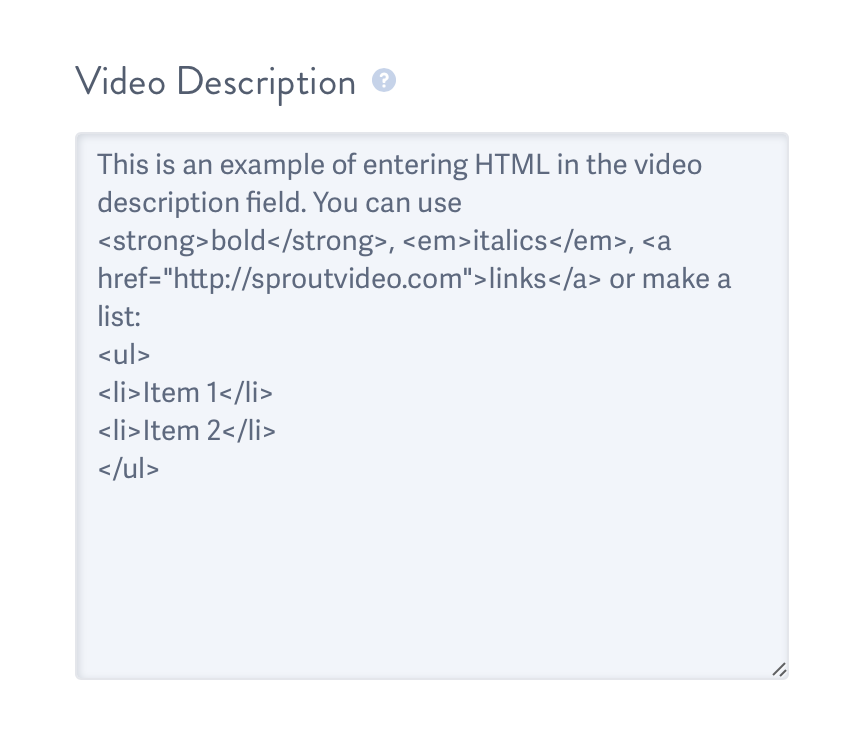 inline HTML for a video description field