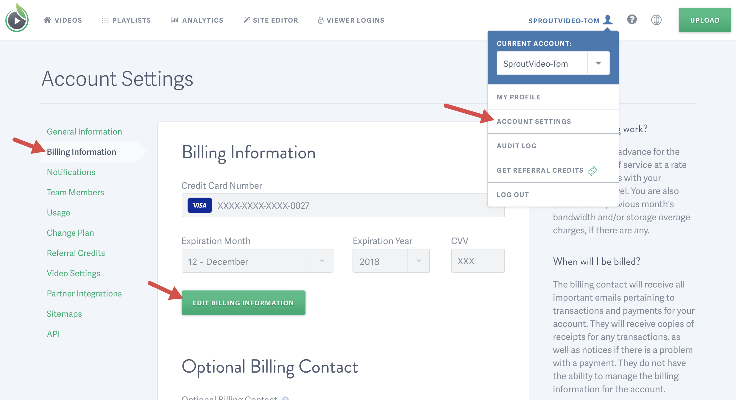 Update the billing information for your SproutVideo video hosting account
