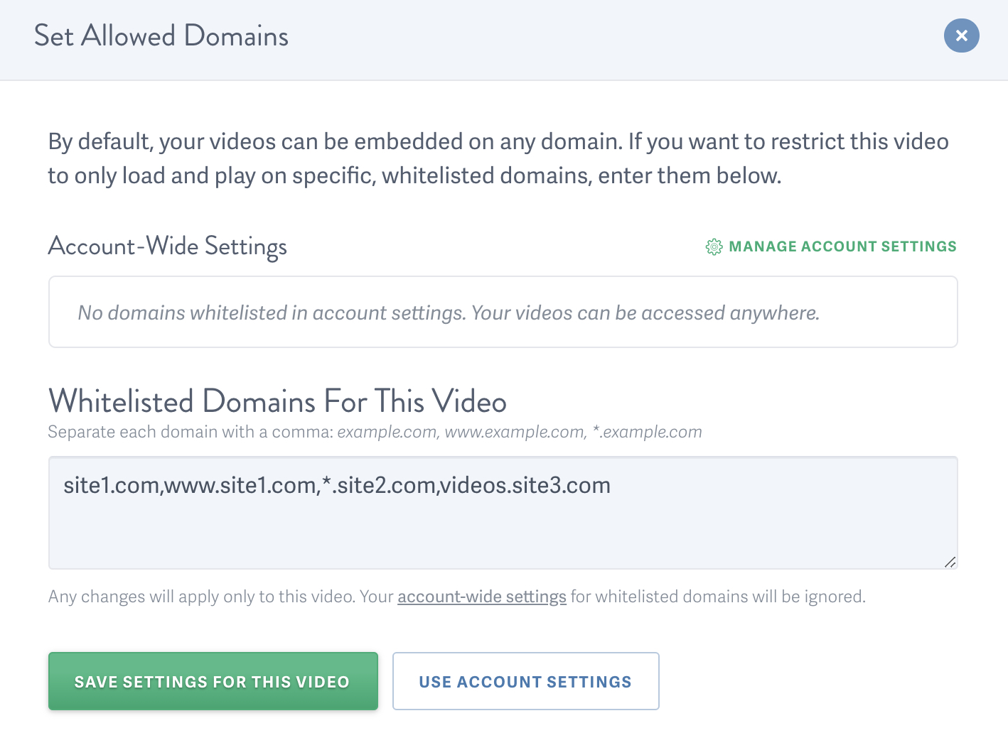 Example of Allowed Domains for video hosting account on SproutVideo
