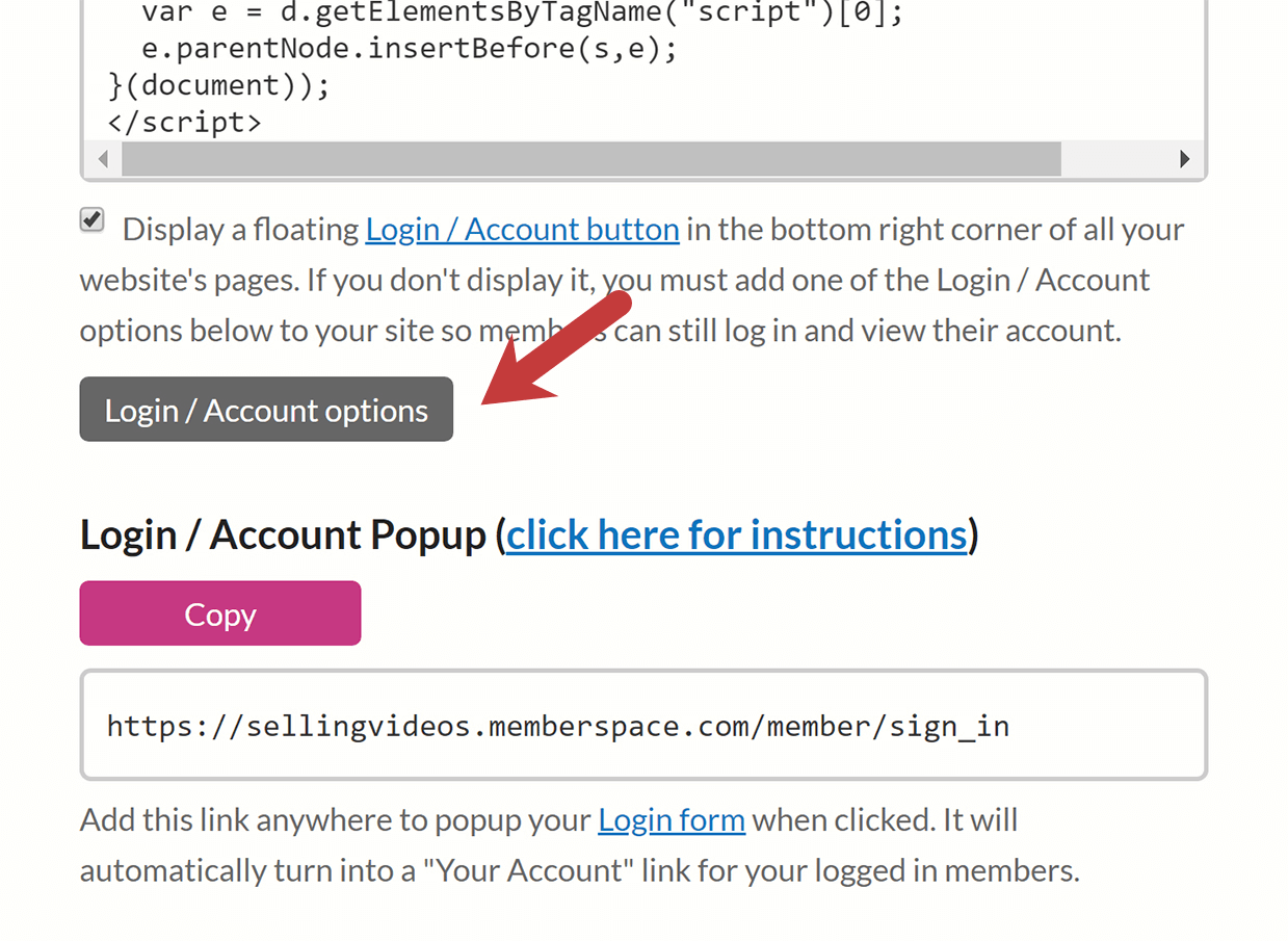 enable login/account popup in MemberSpce