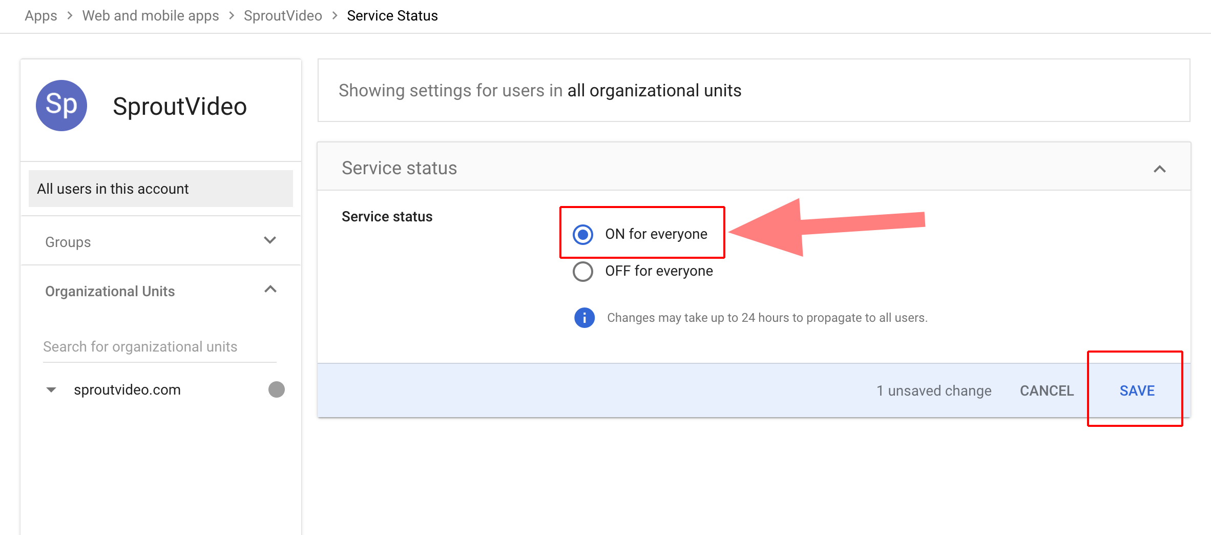 Turn on service status for everyone in Google Admin