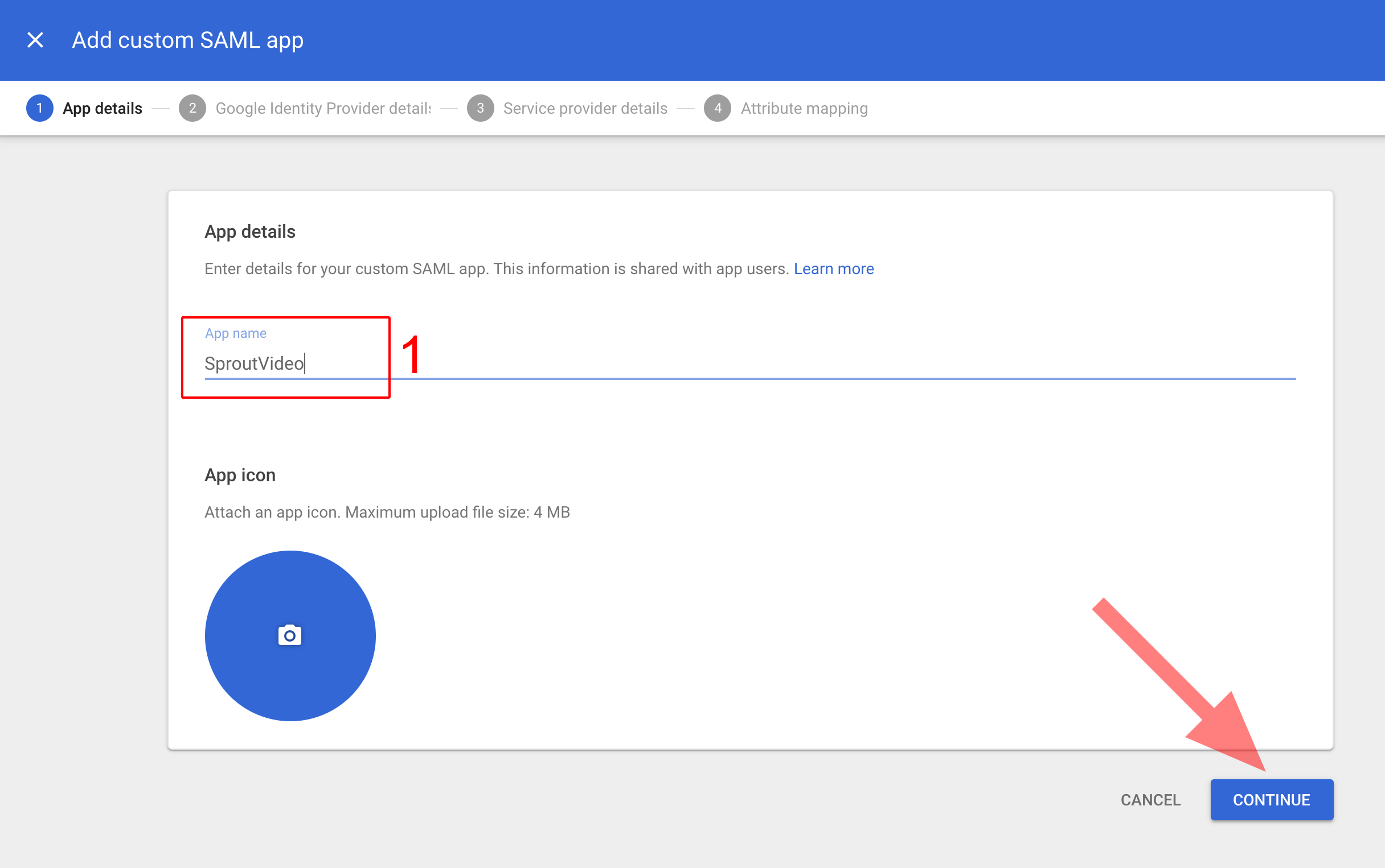 Name your custom SAML app in Google Admin
