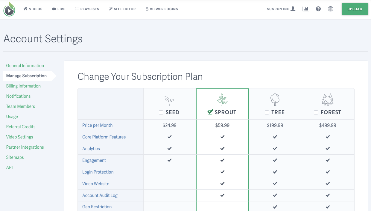 Manage your SproutVideo plan
