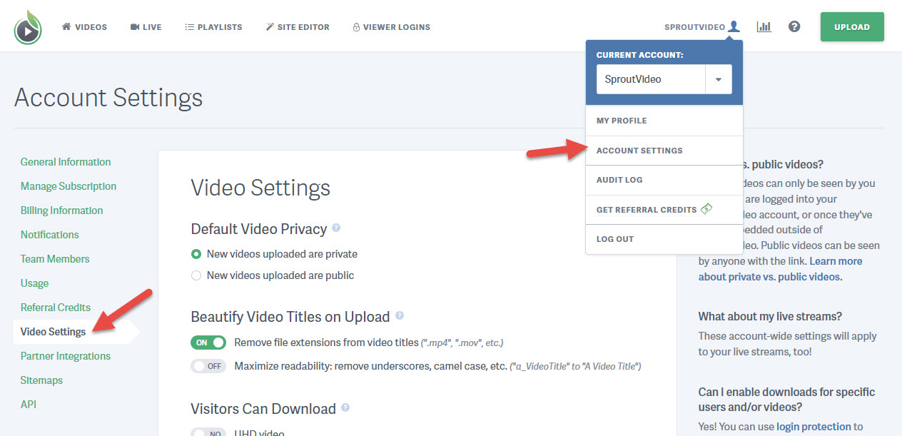 SproutVideo account settings
