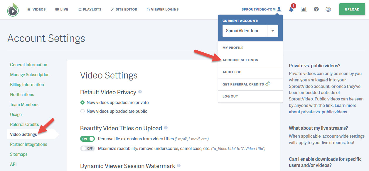 Account-wide Video Settings