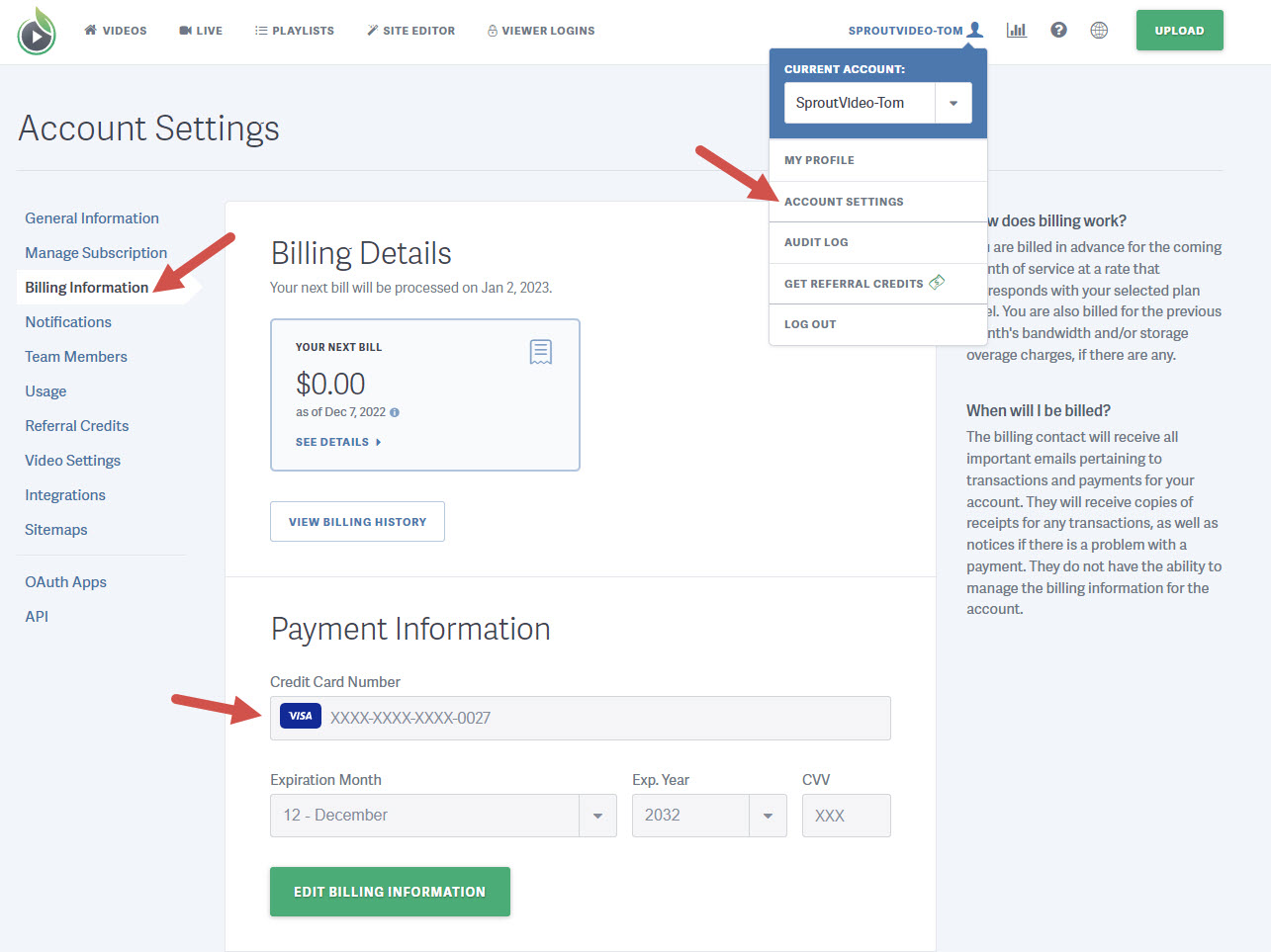 Update the billing information for your SproutVideo video hosting account