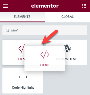 Elementor: Widget Library, HTML Widget