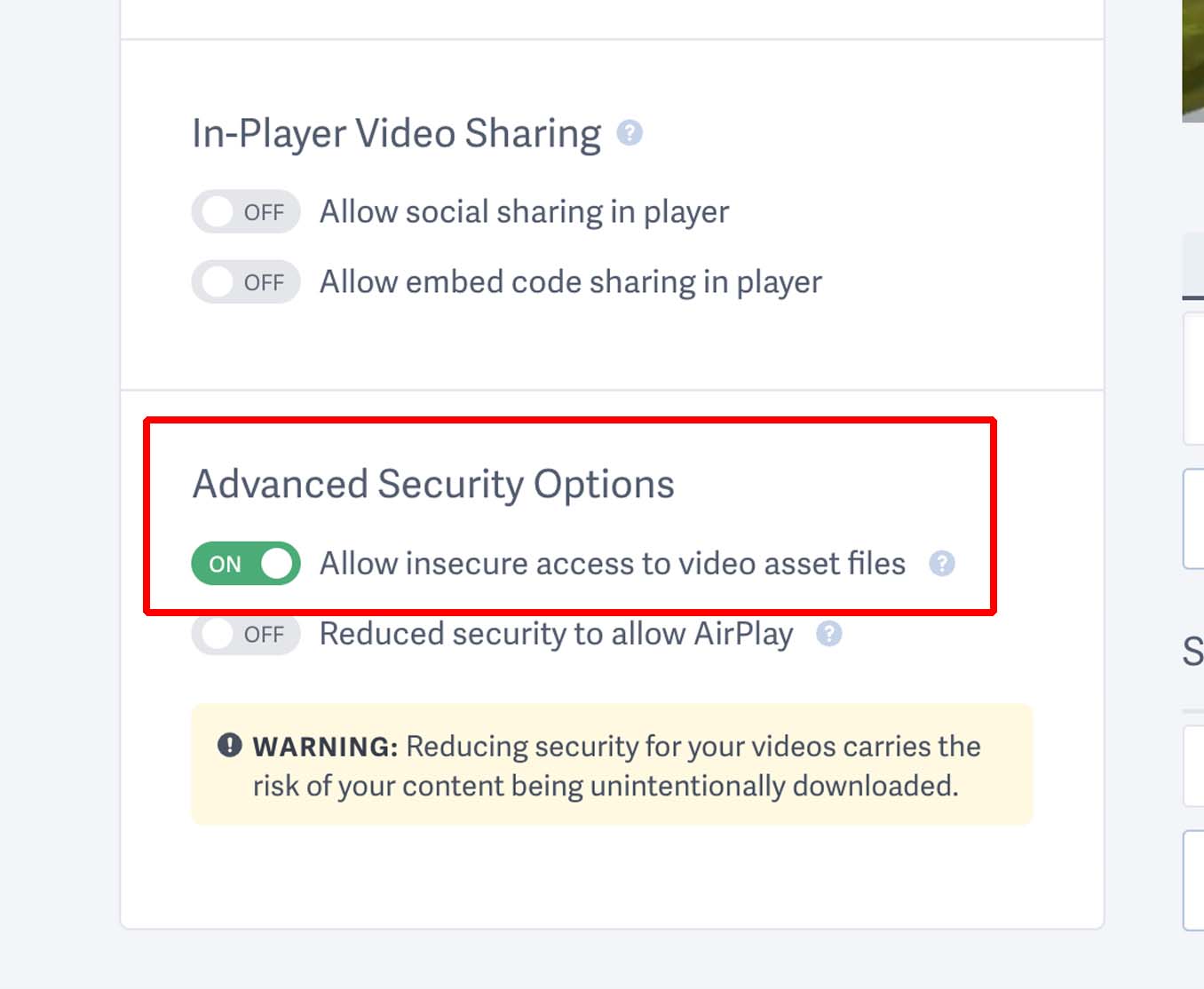 Enable 'Allow insecure access to video asset files' in Advanced Security Options