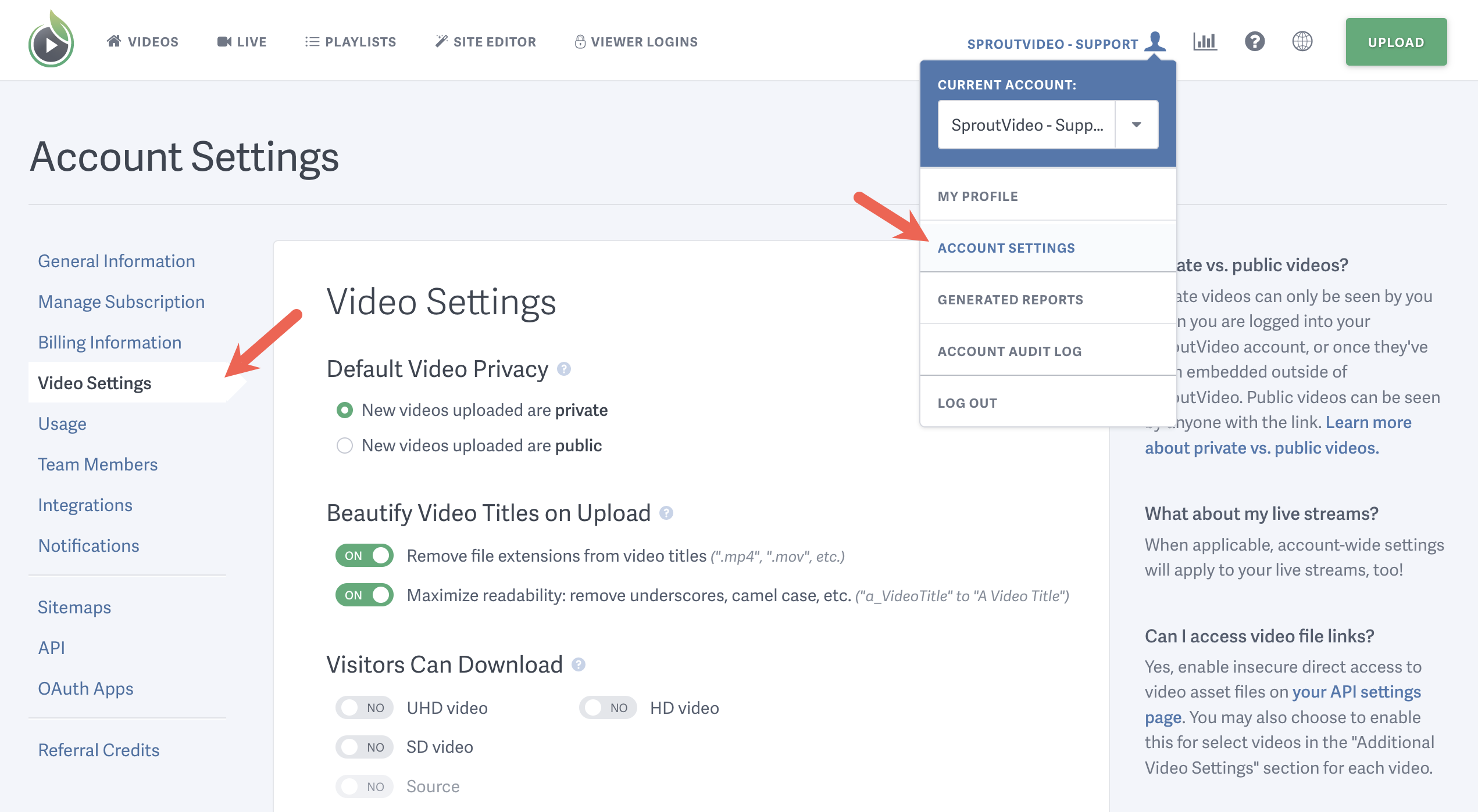 SproutVideo account settings