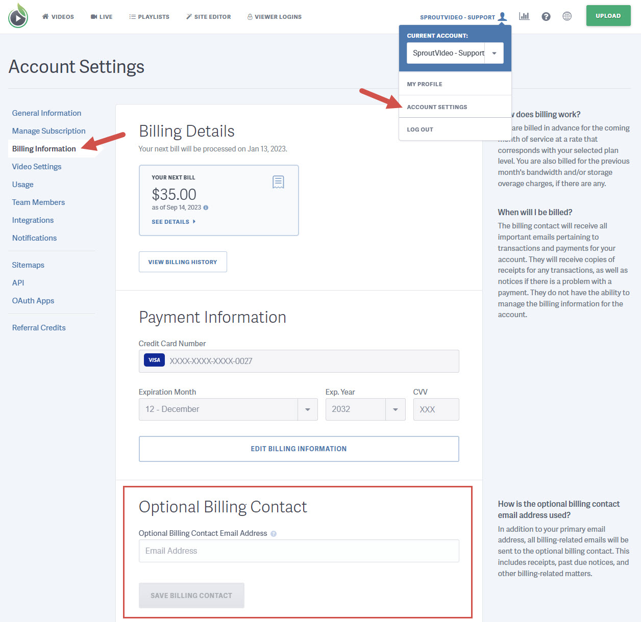 billing contact for a SproutVideo account