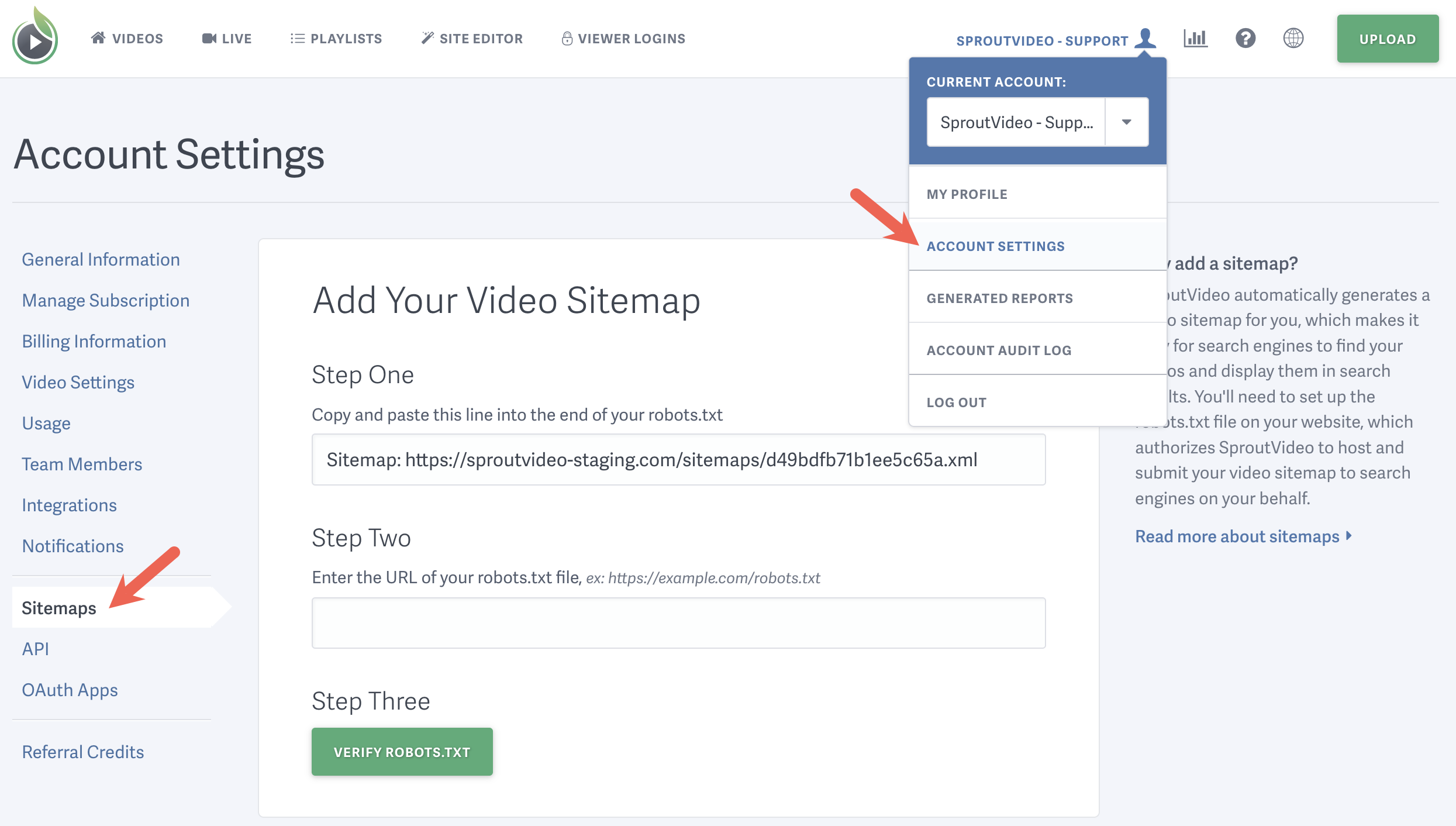 Sitemap settings in your SproutVideo video hosting account