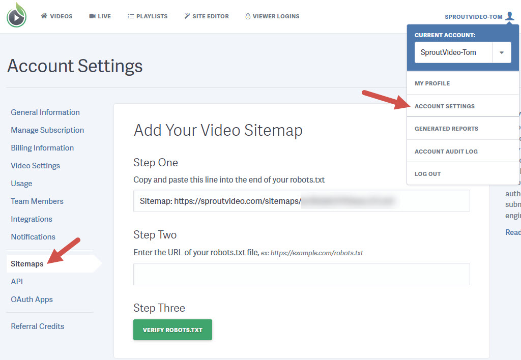 Sitemap settings in your SproutVideo video hosting account