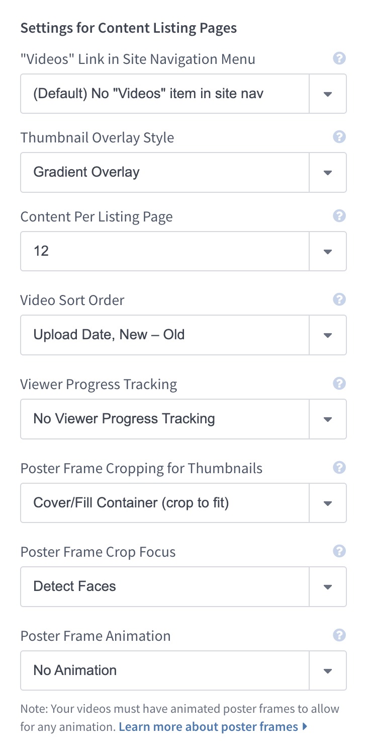 Settings for Content Listing Pages