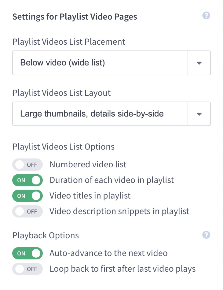 Settings for Playlist Video Pages