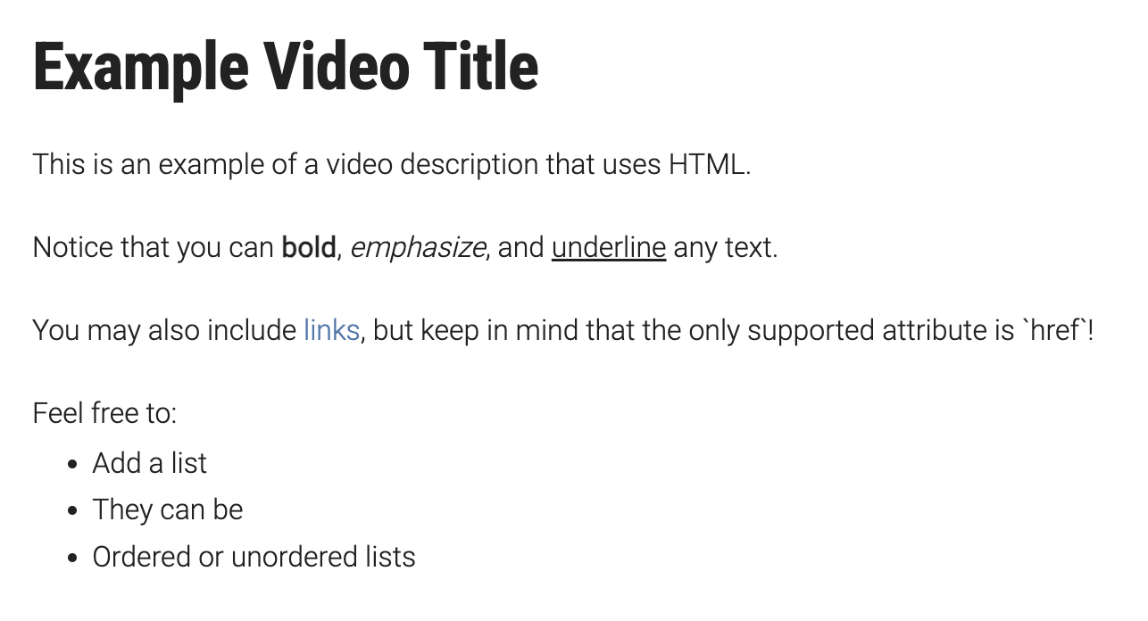 Rendered example HTML in a video description on a SproutVideo video landing page using the Oak theme