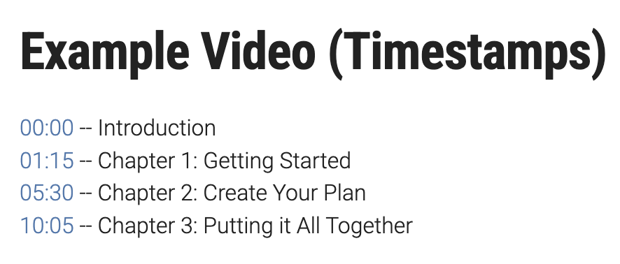 Rendered example of timestamps in a video description on a SproutVideo video landing page using the Oak theme