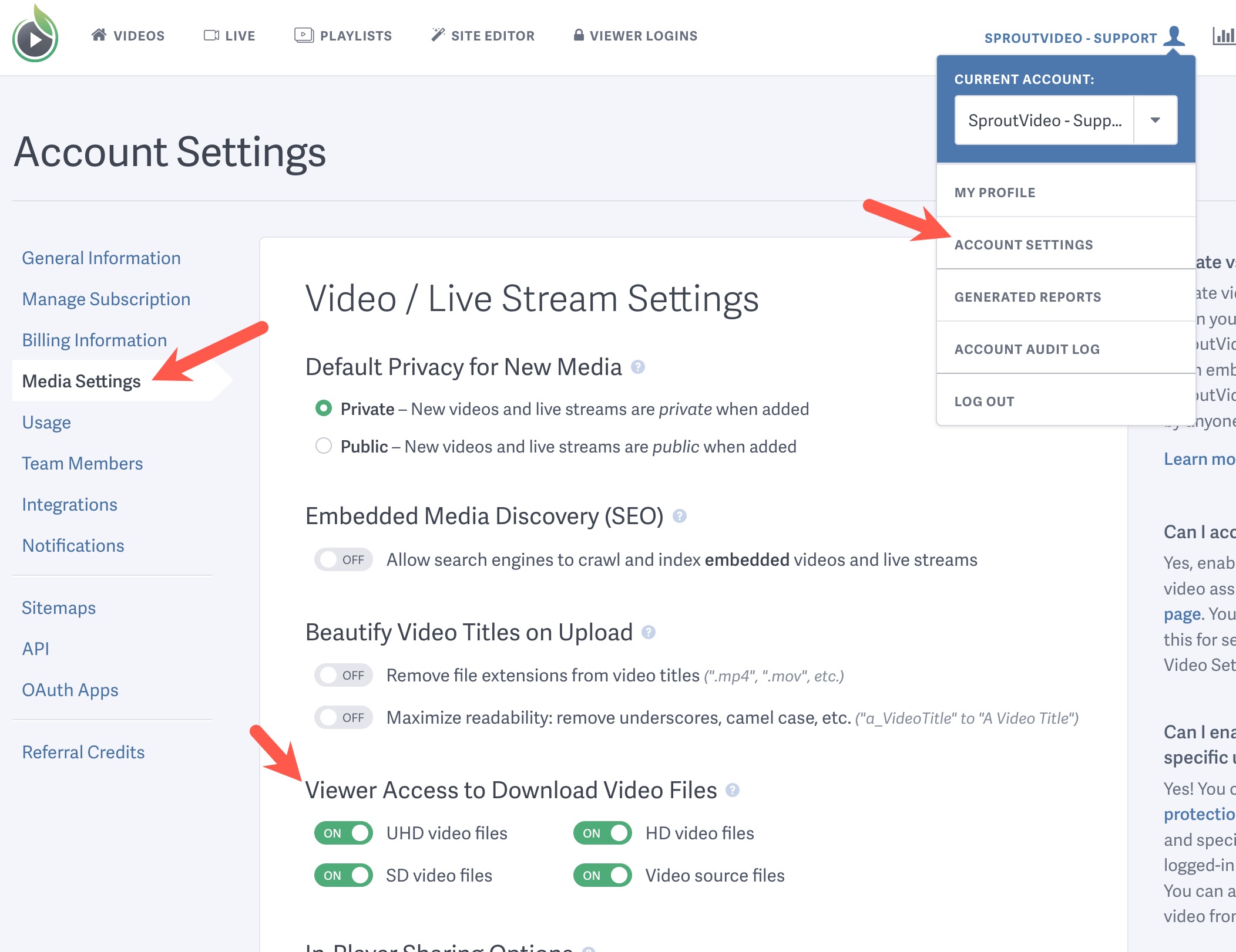 Visitor Download Settings for videos hosted on SproutVideo