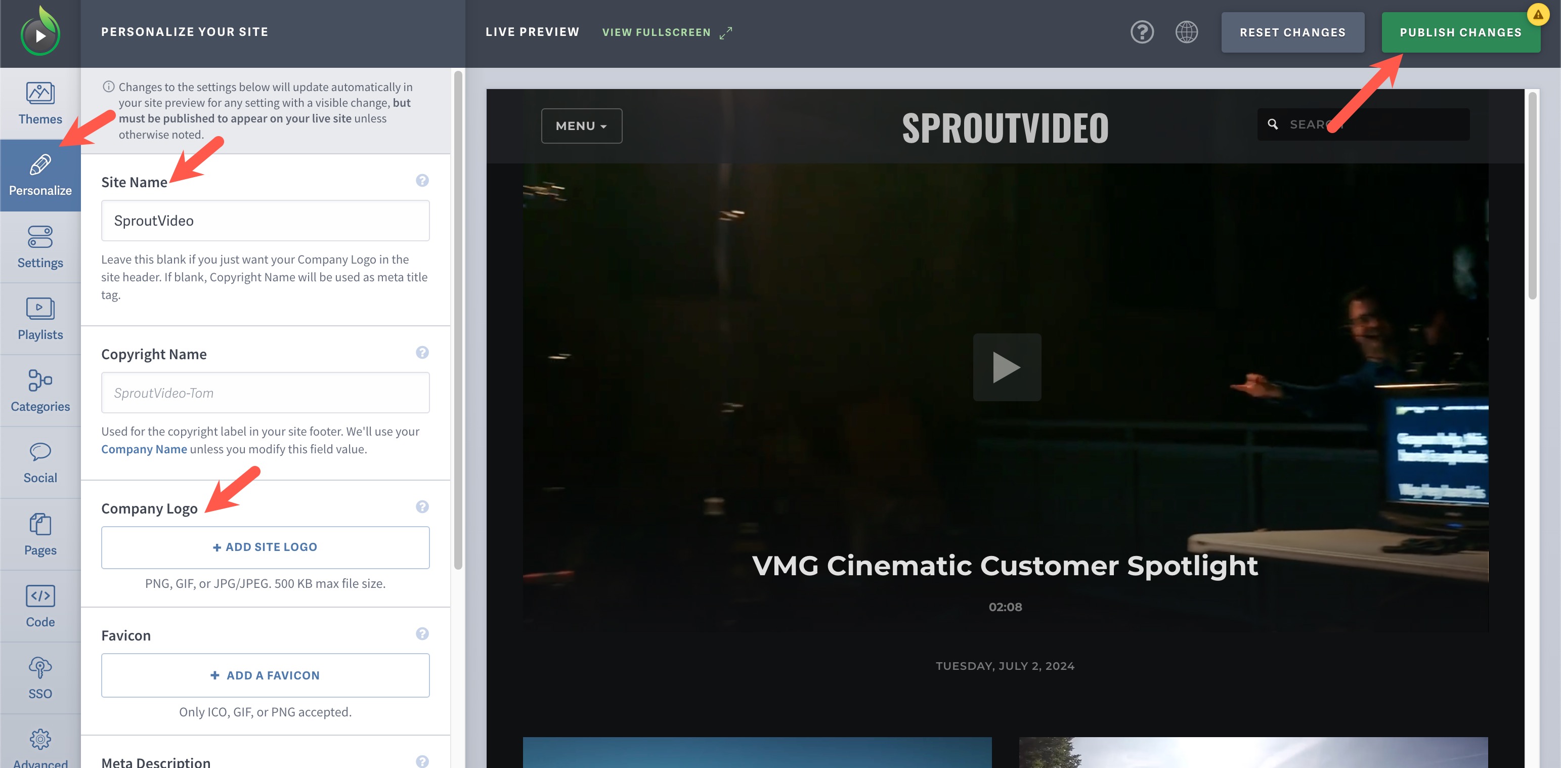 Pick a Name and Upload a Logo for your video website hosted by SproutVideo