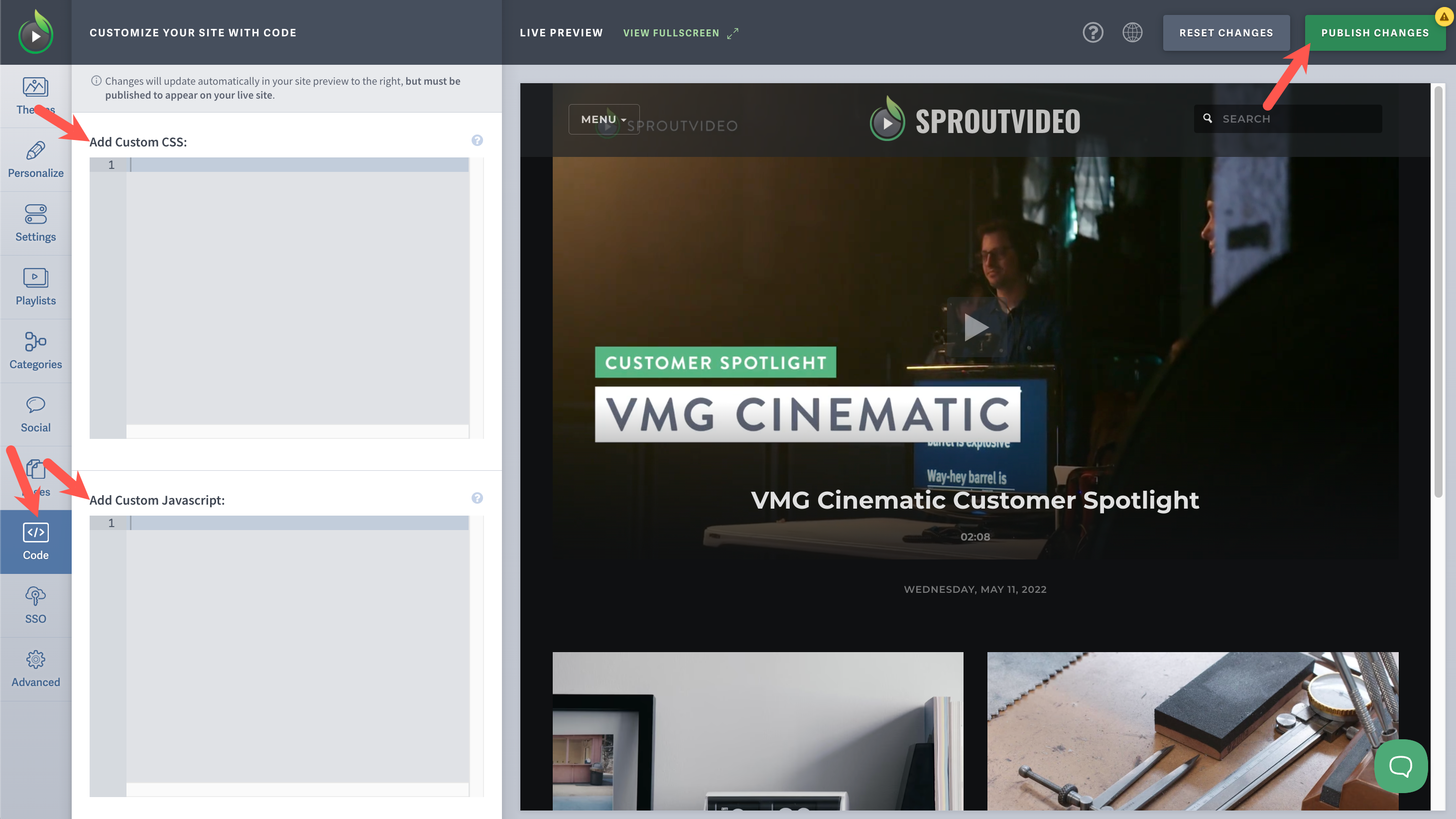 Enter Custom CSS or Javascript for Your SproutVideo Website