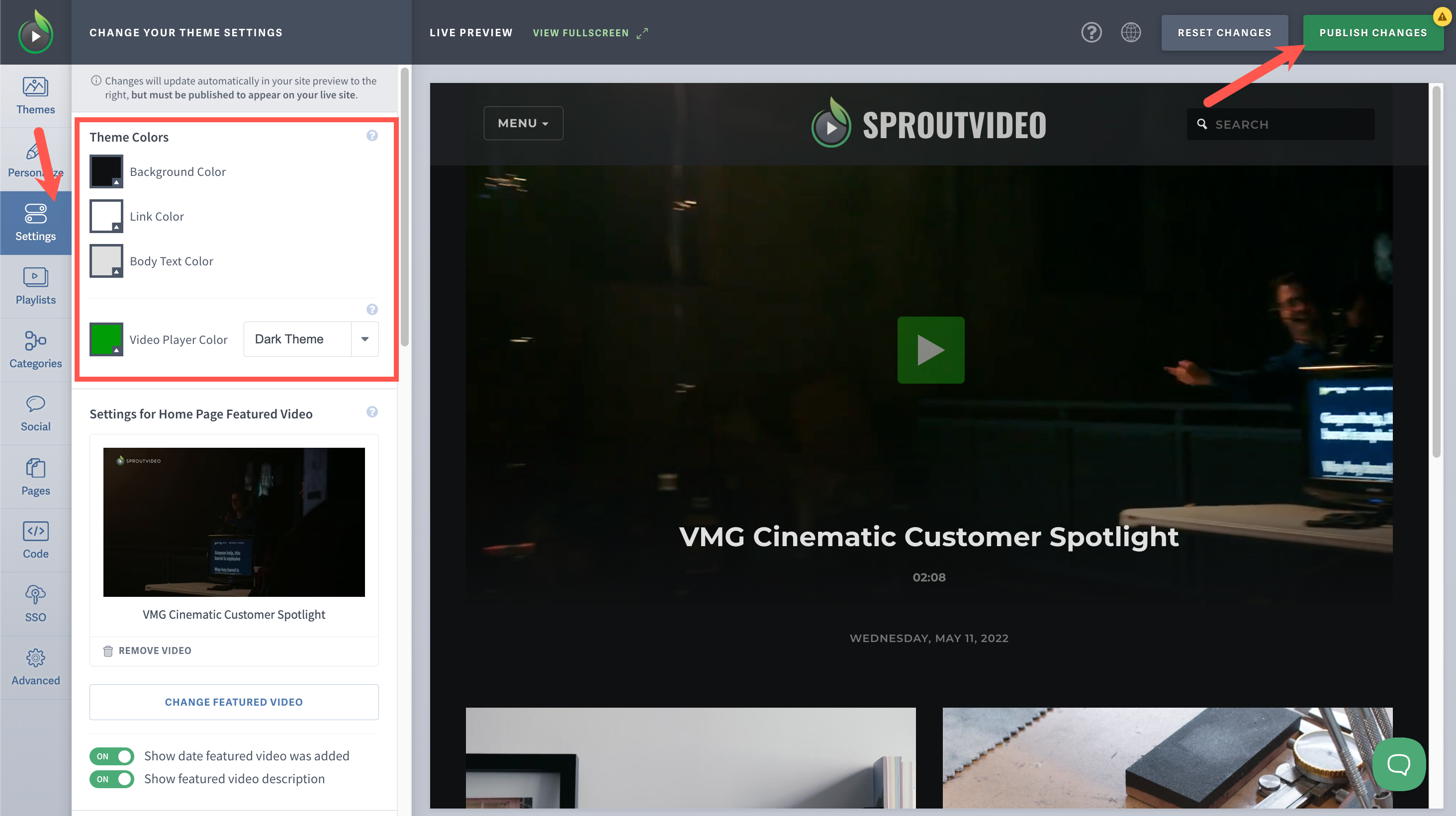 Change different colors for your video site hosted by SproutVideo